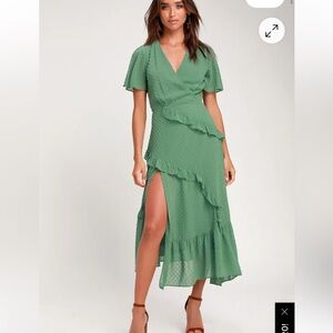 Lulu’s Next to You Sage Green Swiss Dot Ruffled Midi Dress XS NWT